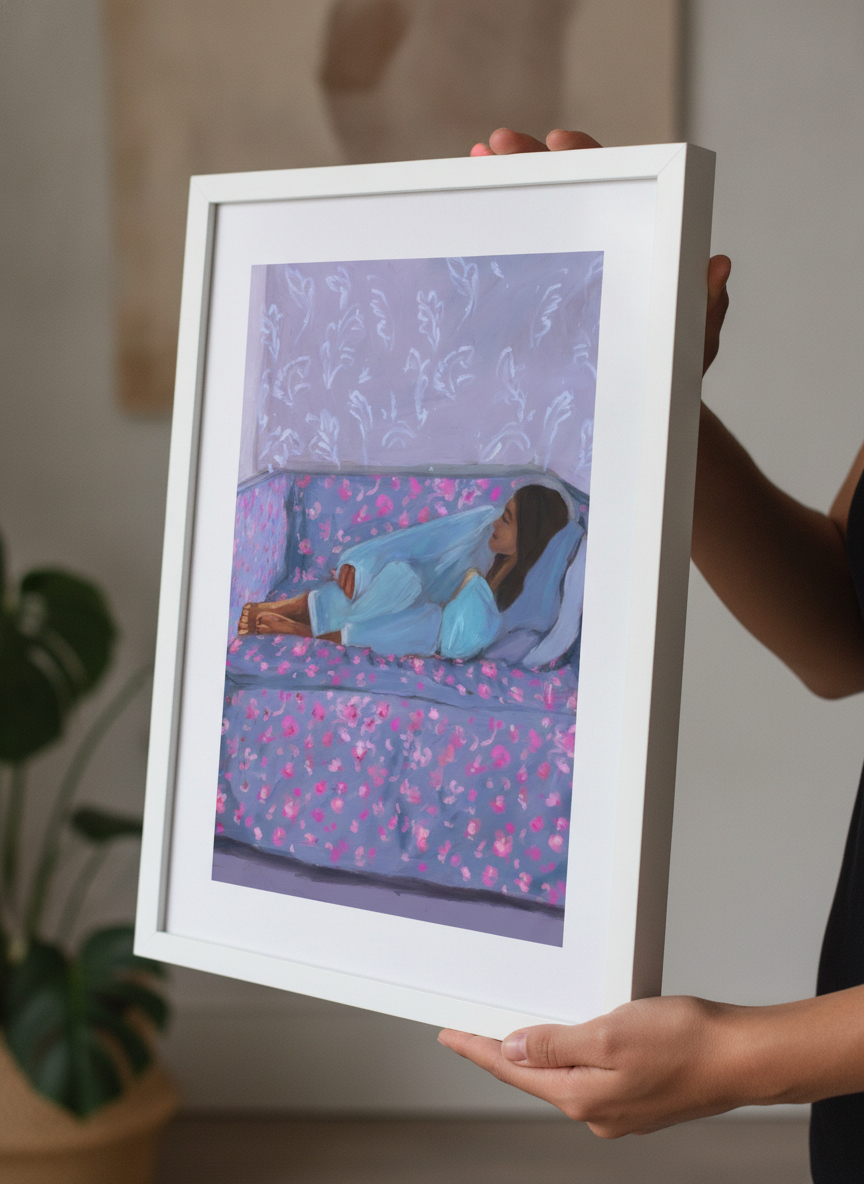 Person showcasing the artwork against a clean modern interior wall