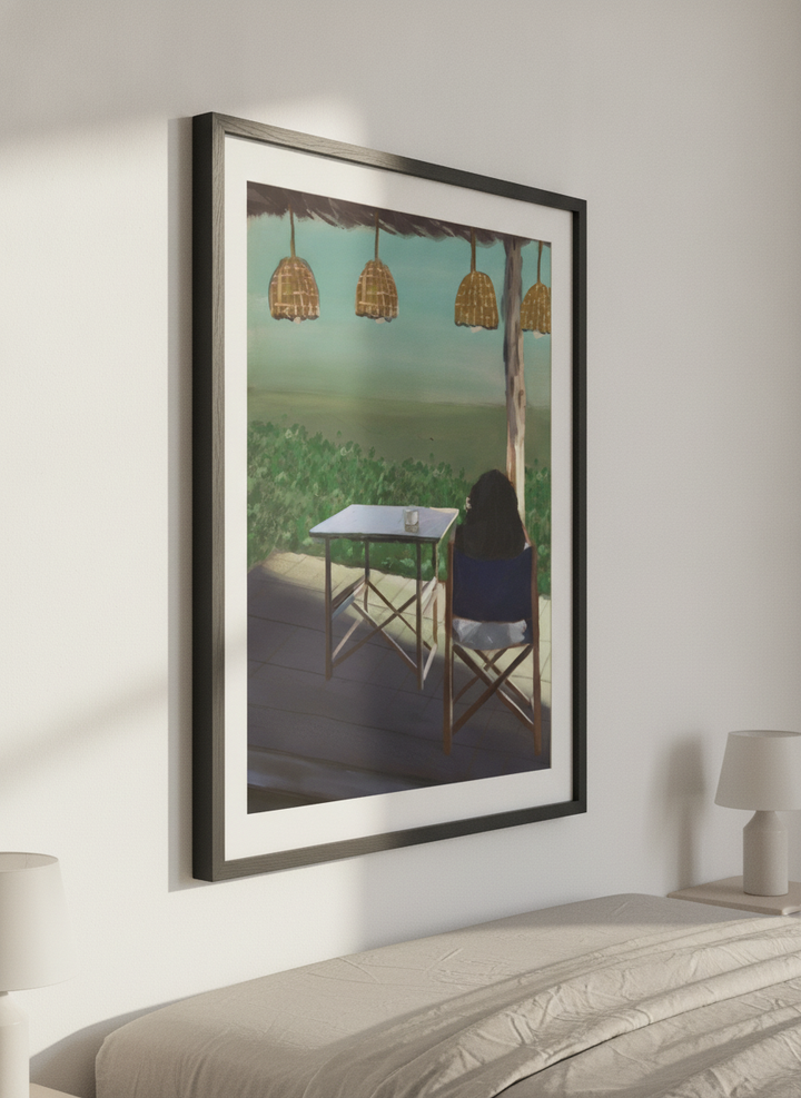Minimalist artwork displayed in a calm, light-filled bedroom interior
