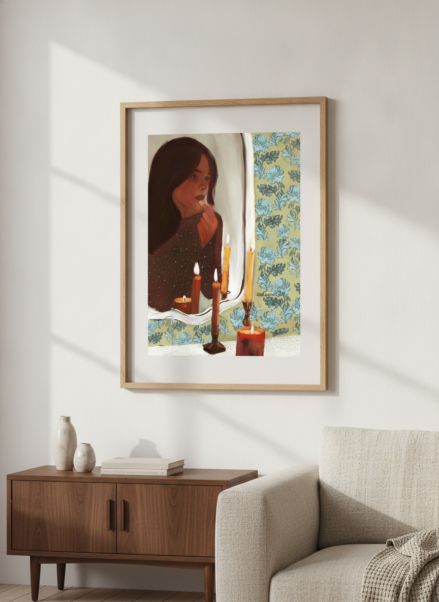 Artwork displayed above a credenza in a real-looking contemporary home