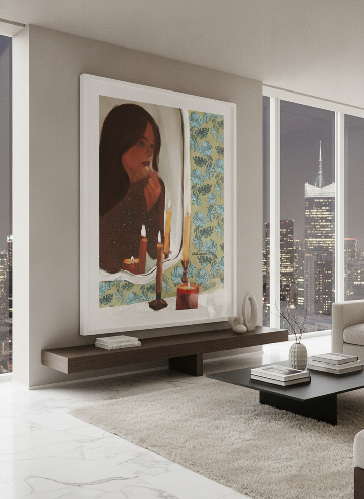 Monumental artwork centred on a feature wall in a luxe interior