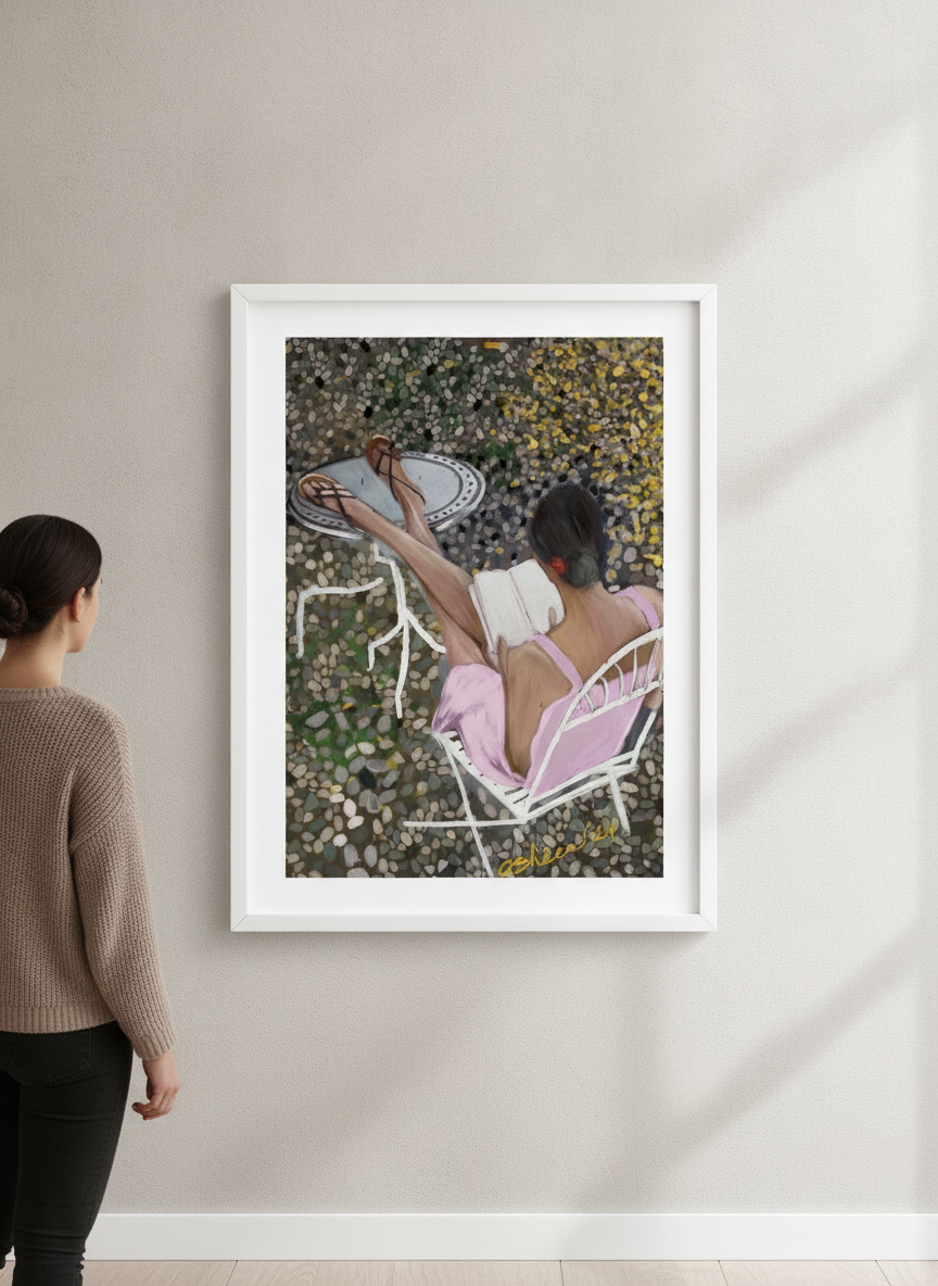 Person showcasing the artwork against a clean modern interior wall