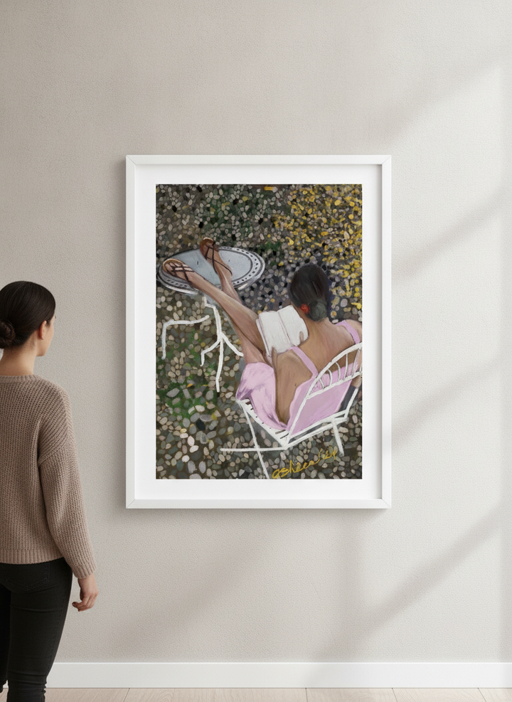 Person showcasing the artwork against a clean modern interior wall