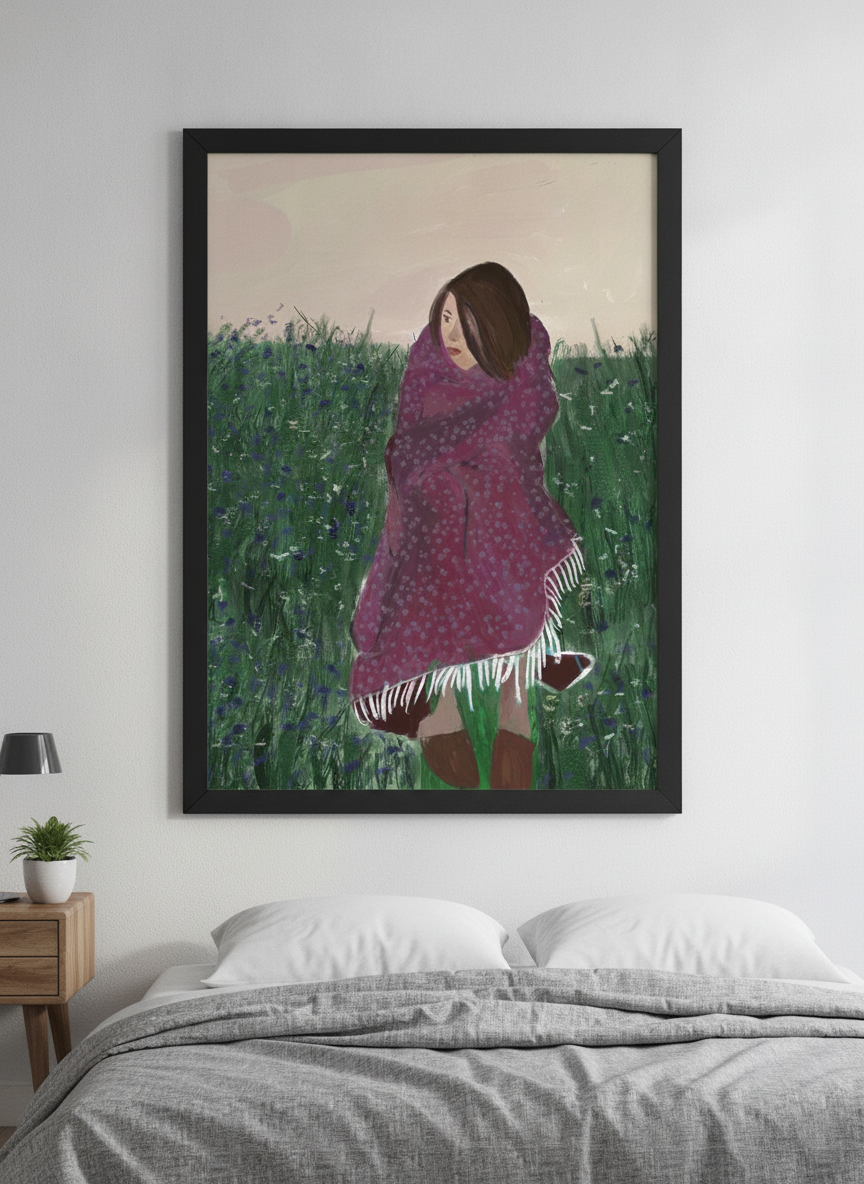 Minimalist artwork displayed in a calm, light-filled bedroom interior