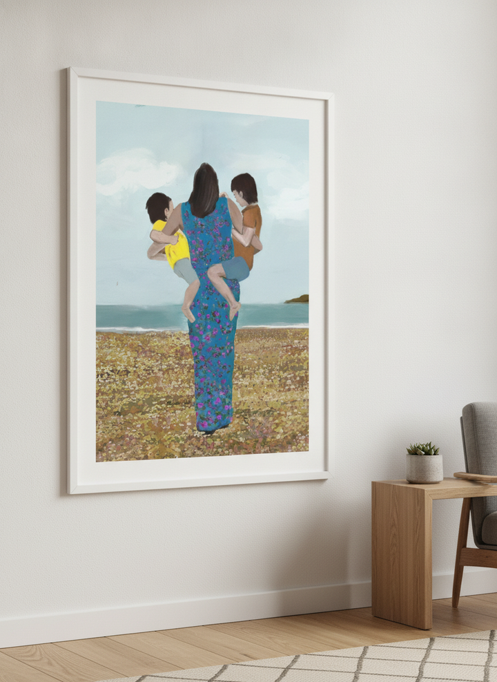 Modern wall art styled above a sofa in a neutral living room