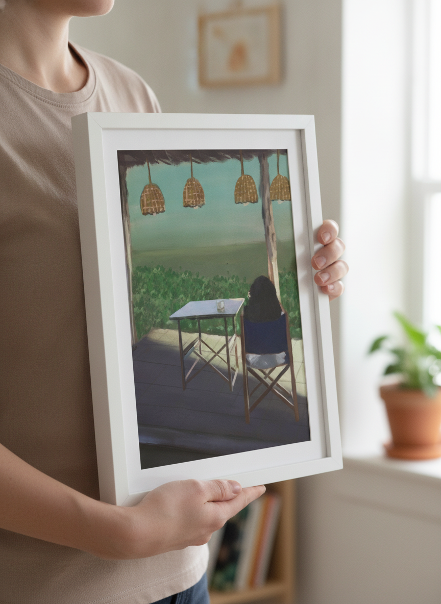 Person showcasing the artwork against a clean modern interior wall