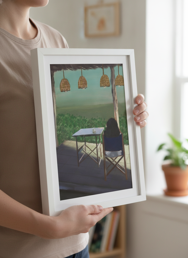 Person showcasing the artwork against a clean modern interior wall