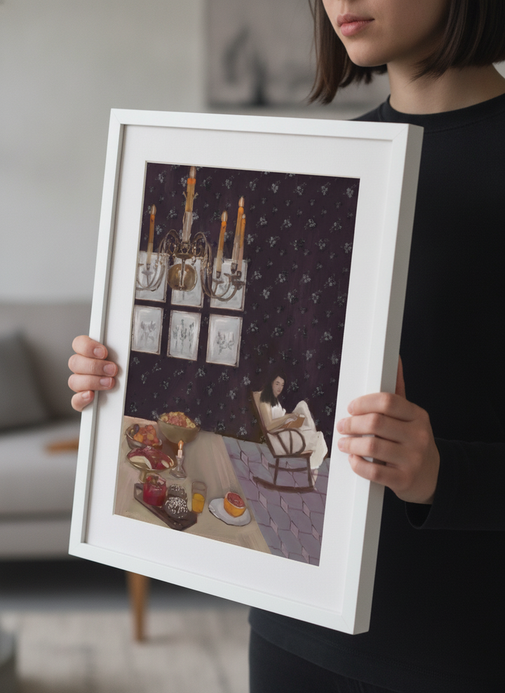 Person showcasing the artwork against a clean modern interior wall