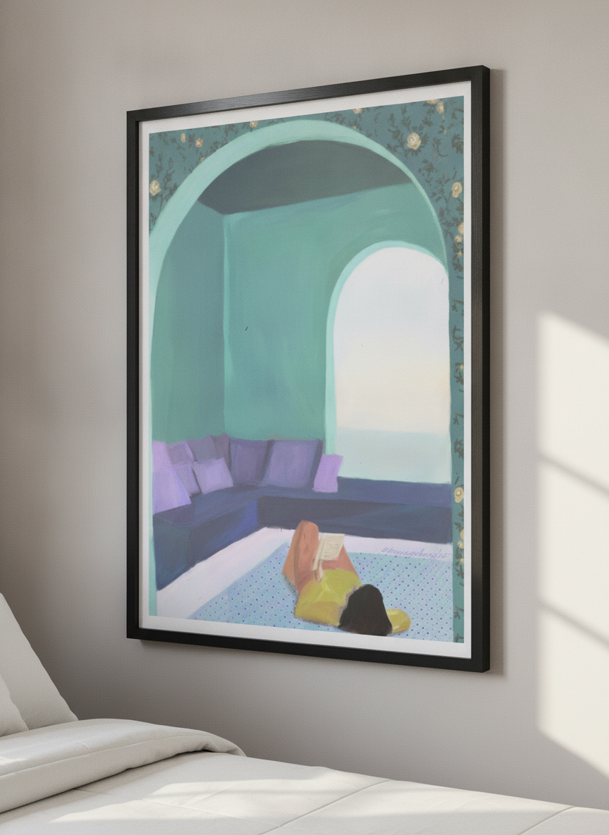 Minimalist artwork displayed in a calm, light-filled bedroom interior