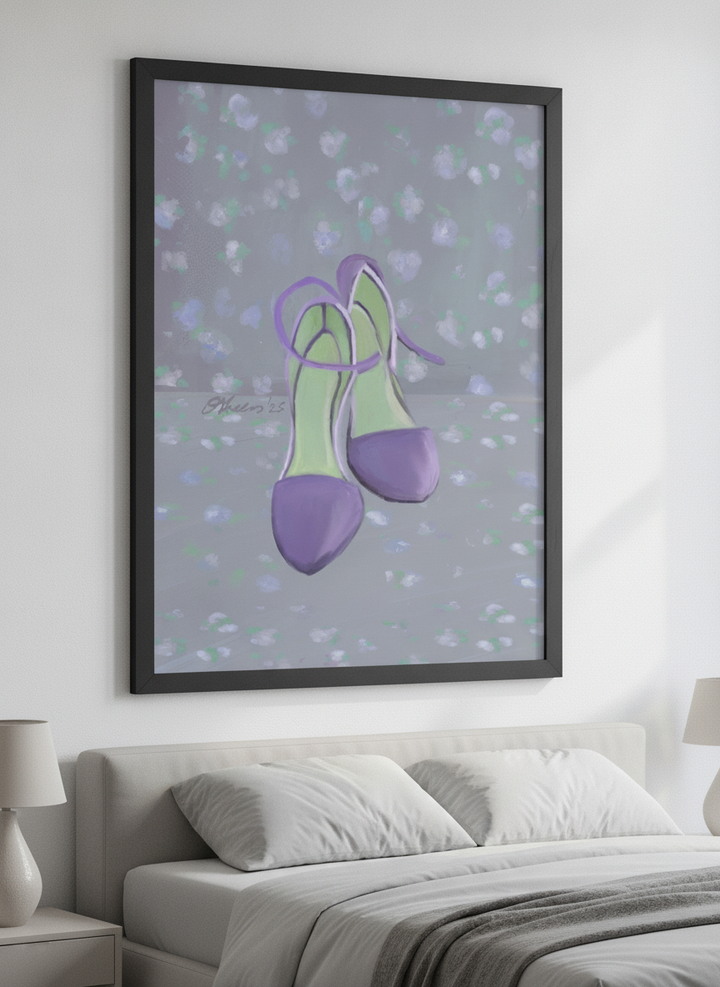 Minimalist artwork displayed in a calm, light-filled bedroom interior