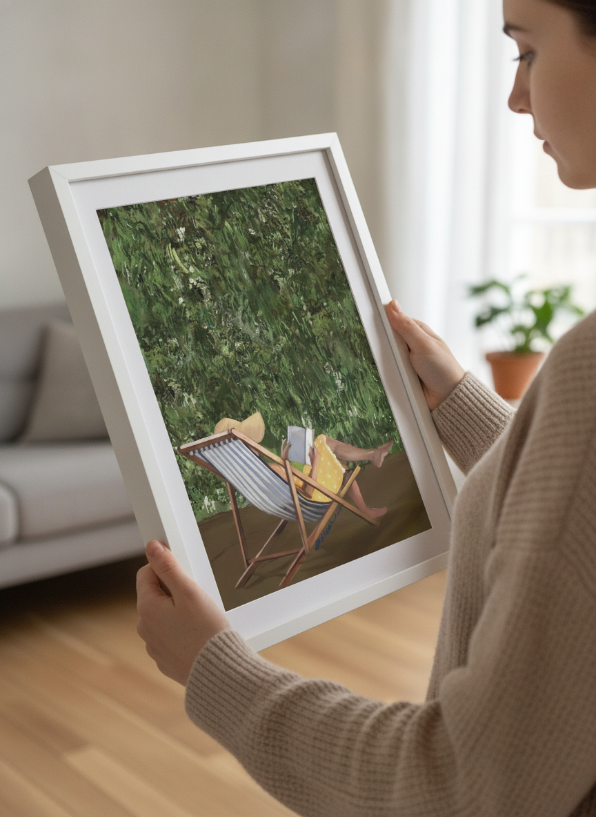 Person showcasing the artwork against a clean modern interior wall