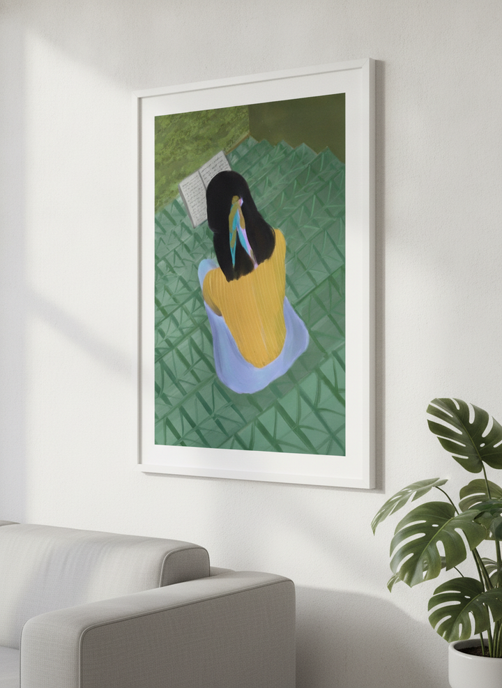 Modern wall art styled above a sofa in a neutral living room