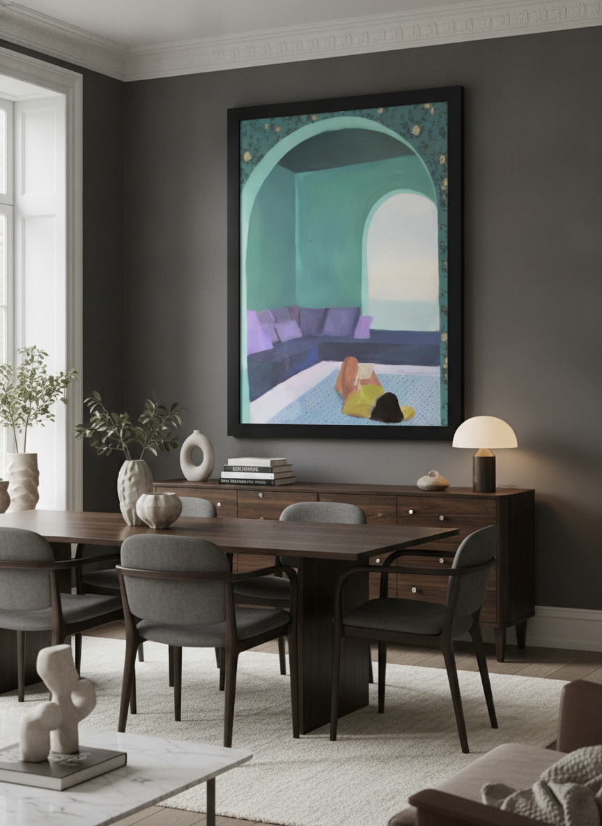 Monumental artwork centred on a feature wall in a luxe interior