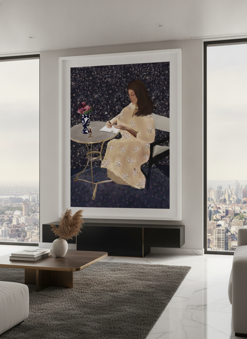 Monumental artwork centred on a feature wall in a luxe interior