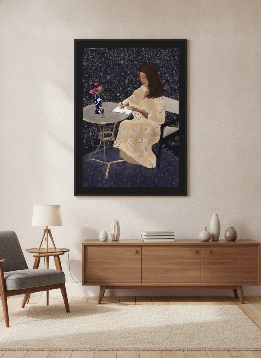 Modern wall art styled above a sofa in a neutral living room