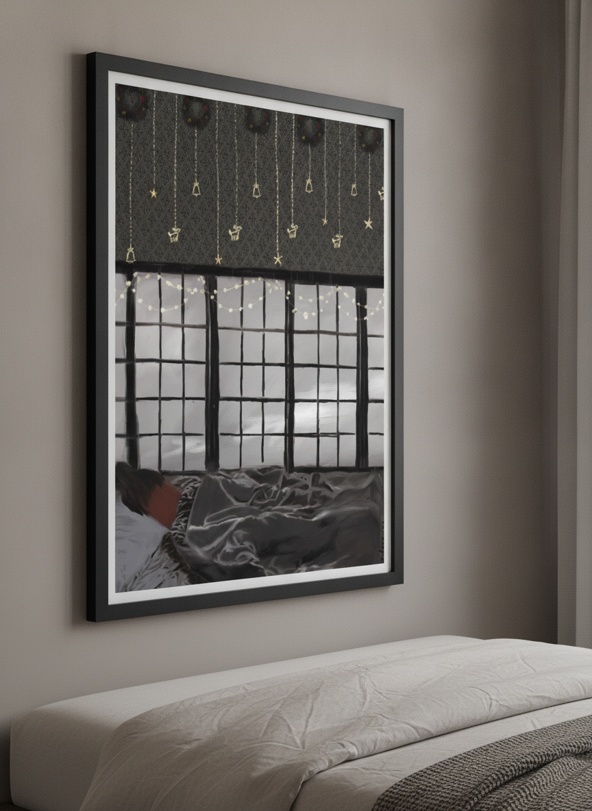 Minimalist artwork displayed in a calm, light-filled bedroom interior