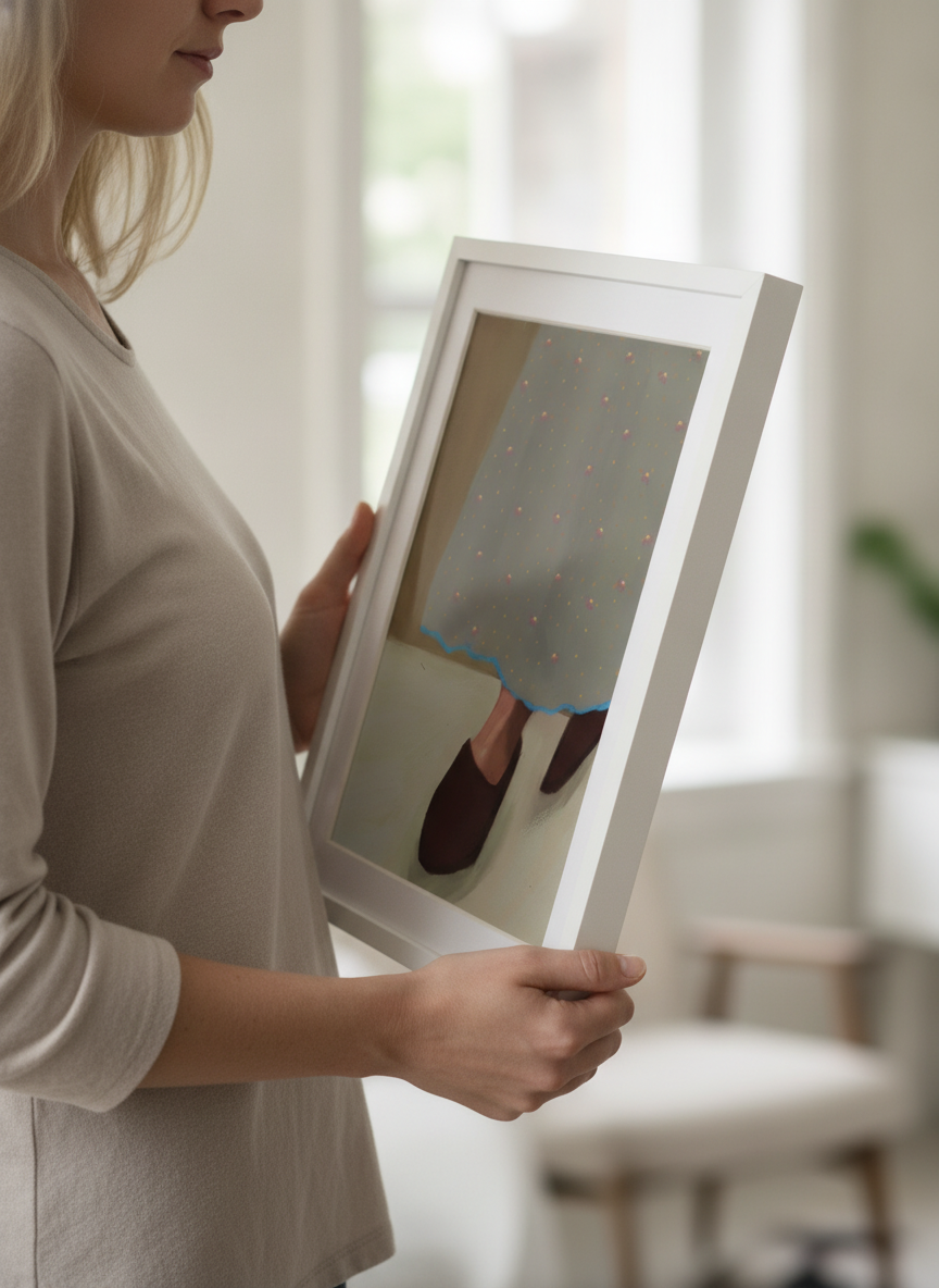 Person showcasing the artwork against a clean modern interior wall
