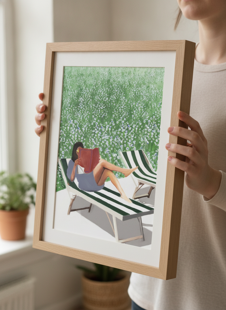 Person showcasing the artwork against a clean modern interior wall