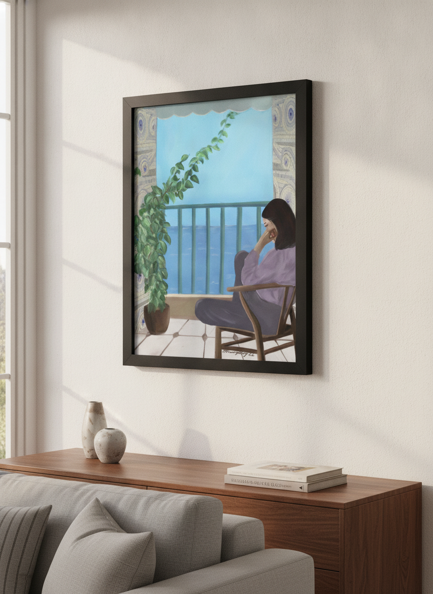 Artwork displayed above a credenza in a real-looking contemporary home