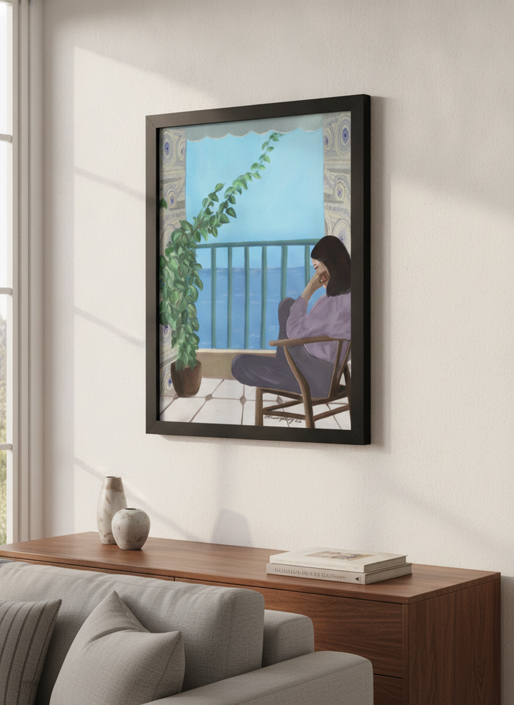 Artwork displayed above a credenza in a real-looking contemporary home