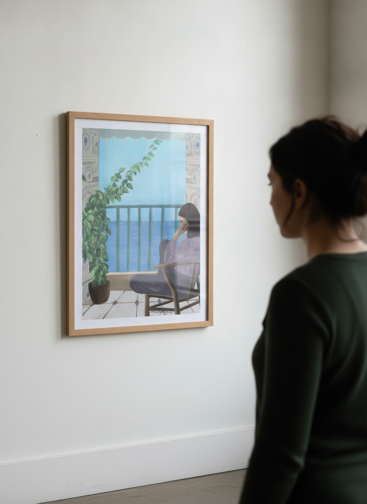 Person showcasing the artwork against a clean modern interior wall