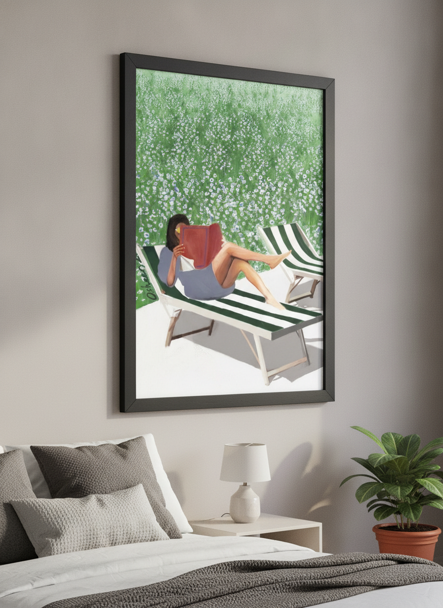 Minimalist artwork displayed in a calm, light-filled bedroom interior