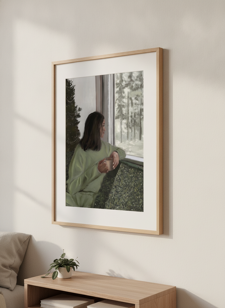 Minimalist artwork displayed in a calm, light-filled bedroom interior