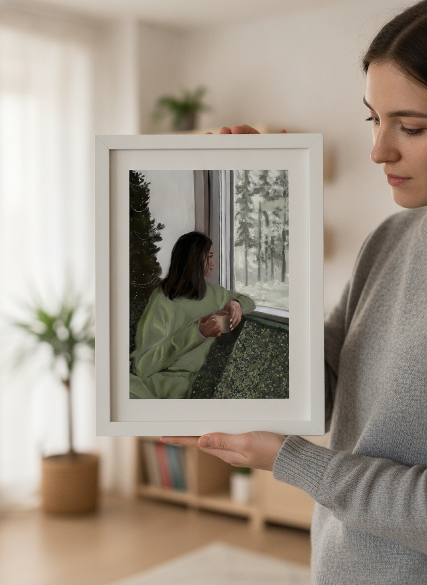 Person showcasing the artwork against a clean modern interior wall
