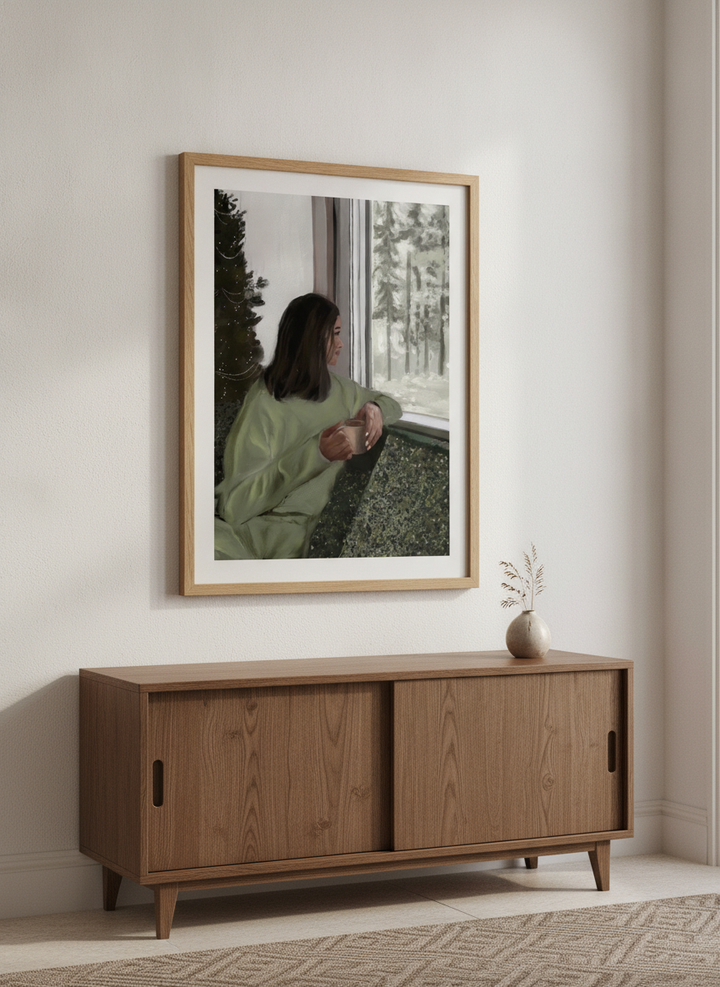 Artwork displayed above a credenza in a real-looking contemporary home