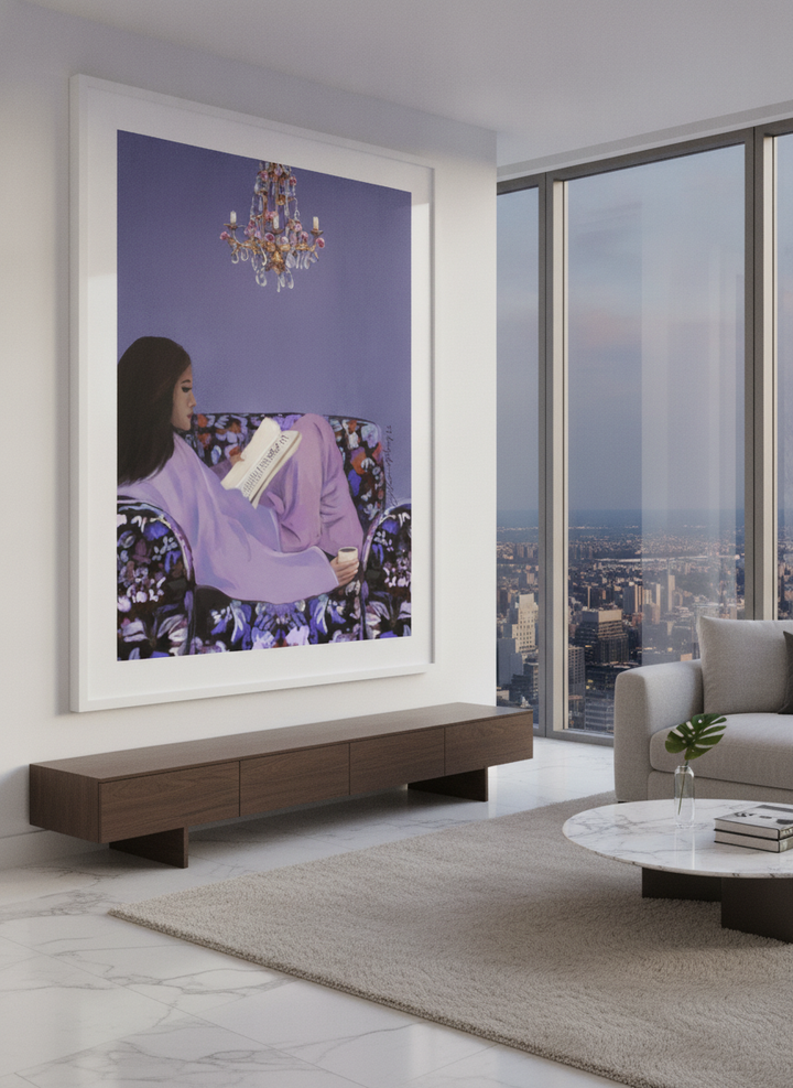 Monumental artwork centred on a feature wall in a luxe interior