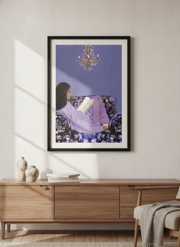 Artwork displayed above a credenza in a real-looking contemporary home