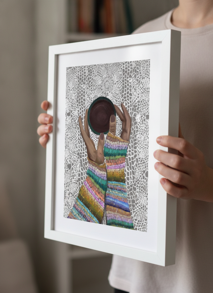Person showcasing the artwork against a clean modern interior wall