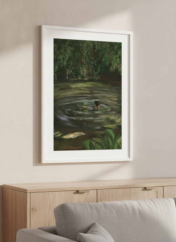 Artwork displayed above a credenza in a real-looking contemporary home