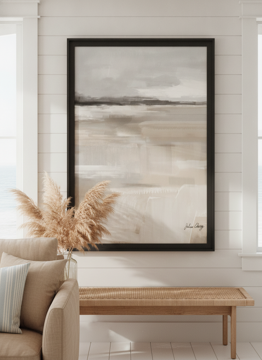 Neutral wall art displayed in a sunny coastal beach house