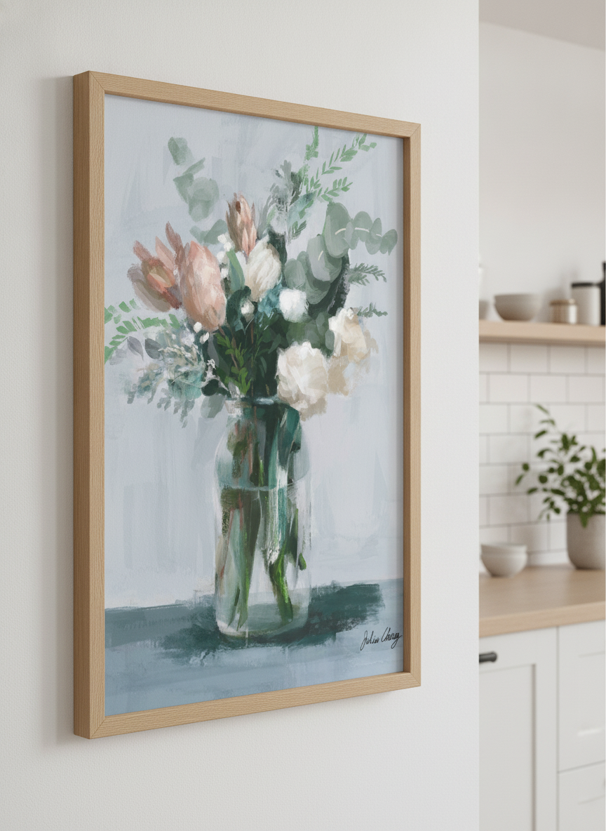 Artwork styled on the wall of a bright modern kitchen