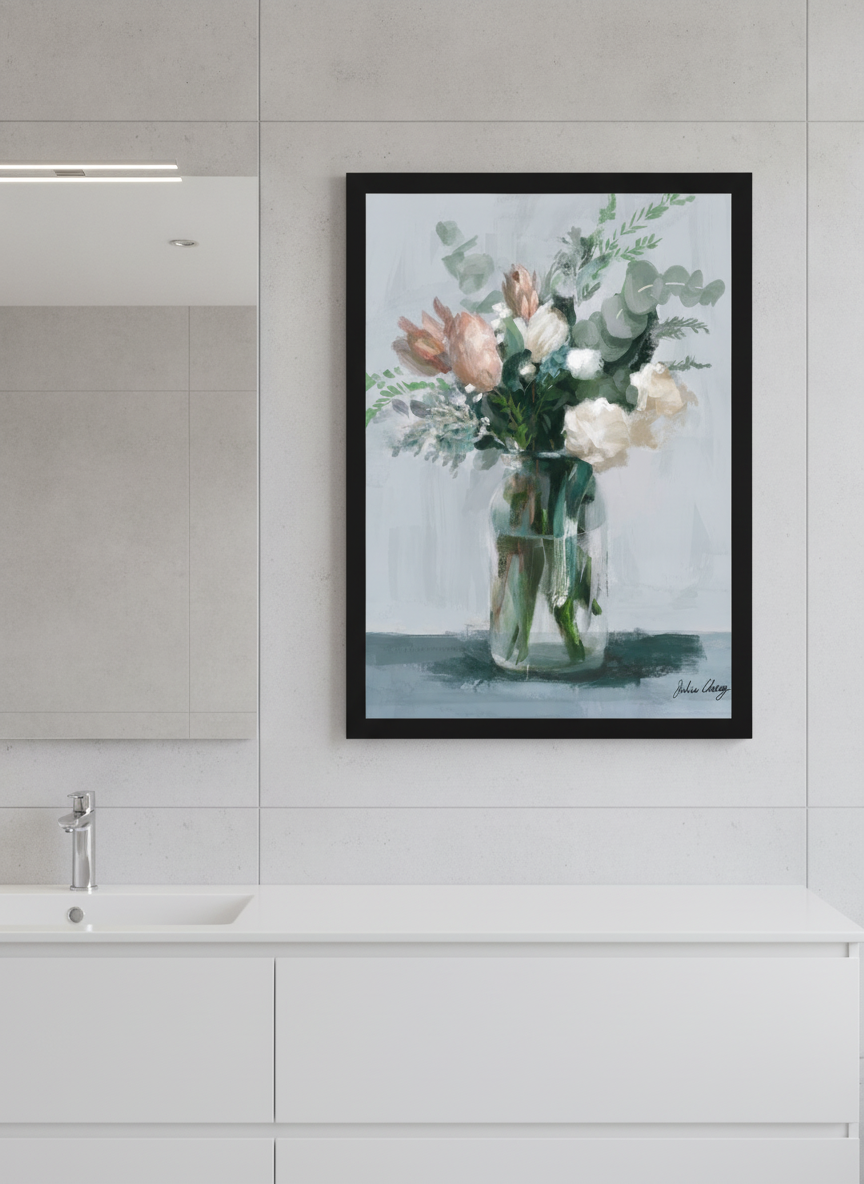 Modern print displayed in a clean minimalist bathroom setting
