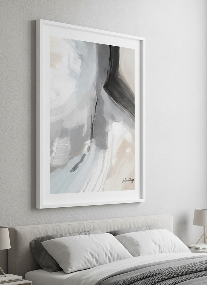 Minimalist artwork displayed in a calm, light-filled bedroom interior