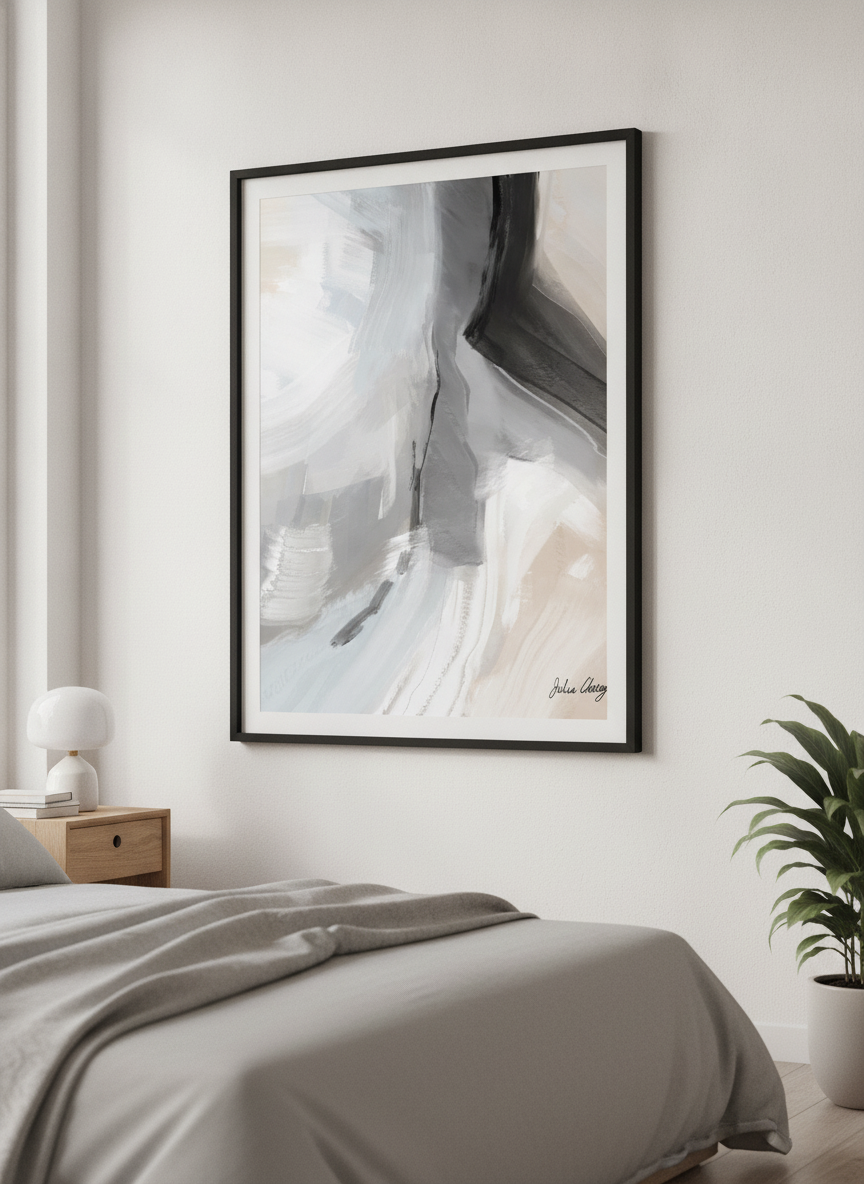 Minimalist artwork displayed in a calm, light-filled bedroom interior