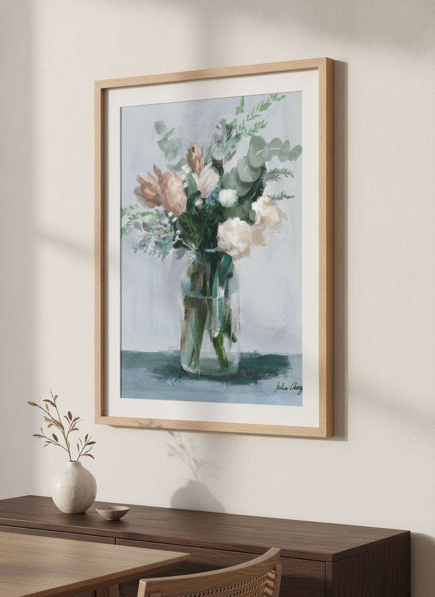 Wall art styled above a dining table in a contemporary home