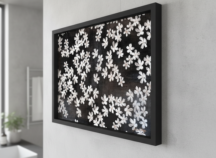 Modern print displayed in a clean minimalist bathroom setting