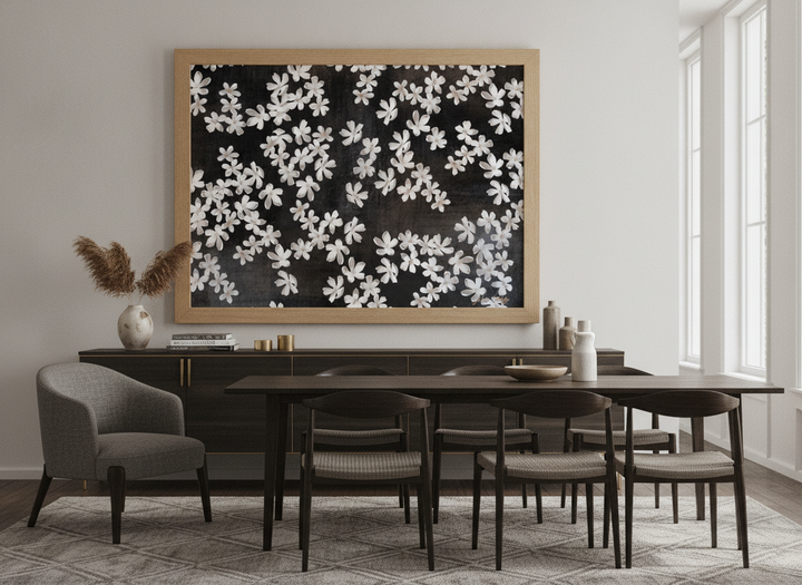 Monumental artwork centred on a feature wall in a luxe interior