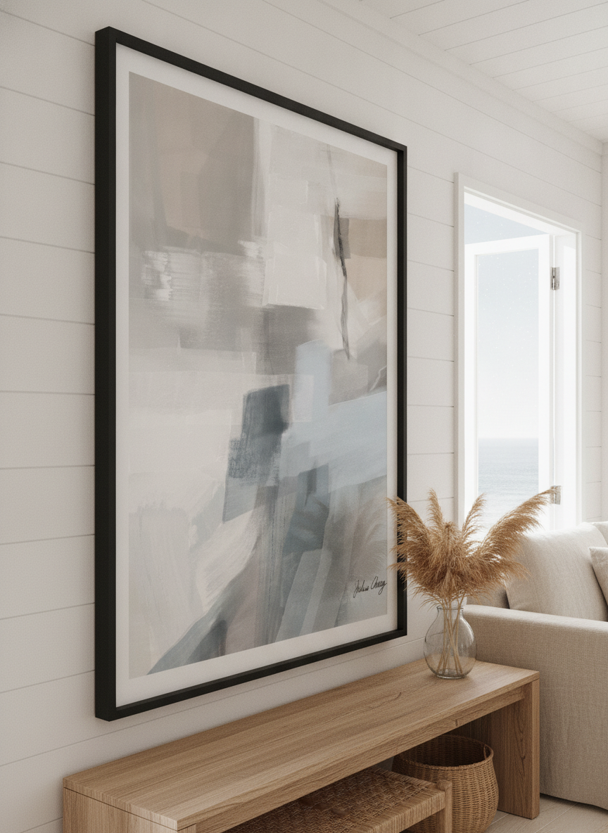 Neutral wall art displayed in a sunny coastal beach house