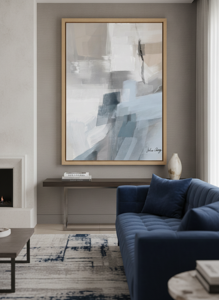 Monumental artwork centred on a feature wall in a luxe interior