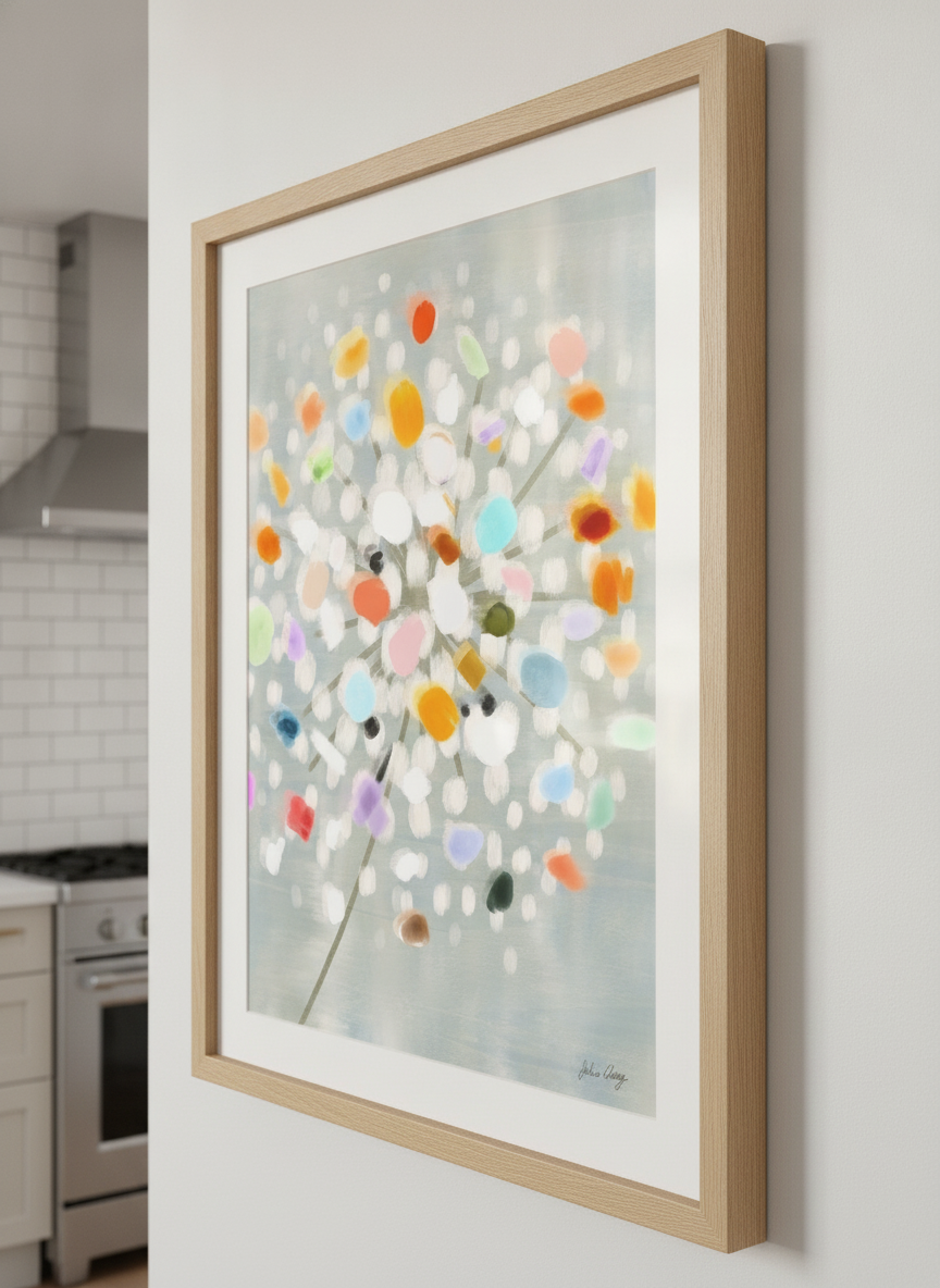 Artwork styled on the wall of a bright modern kitchen