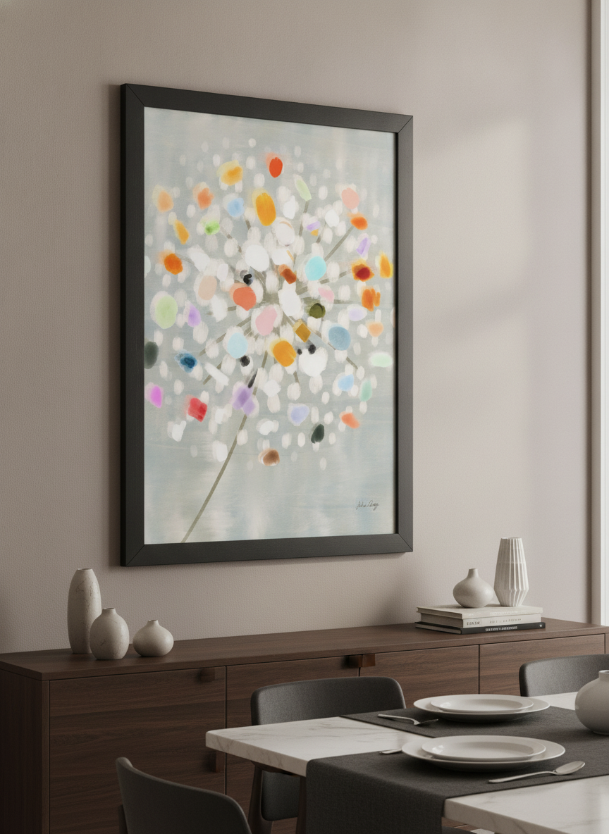 Wall art styled above a dining table in a contemporary home