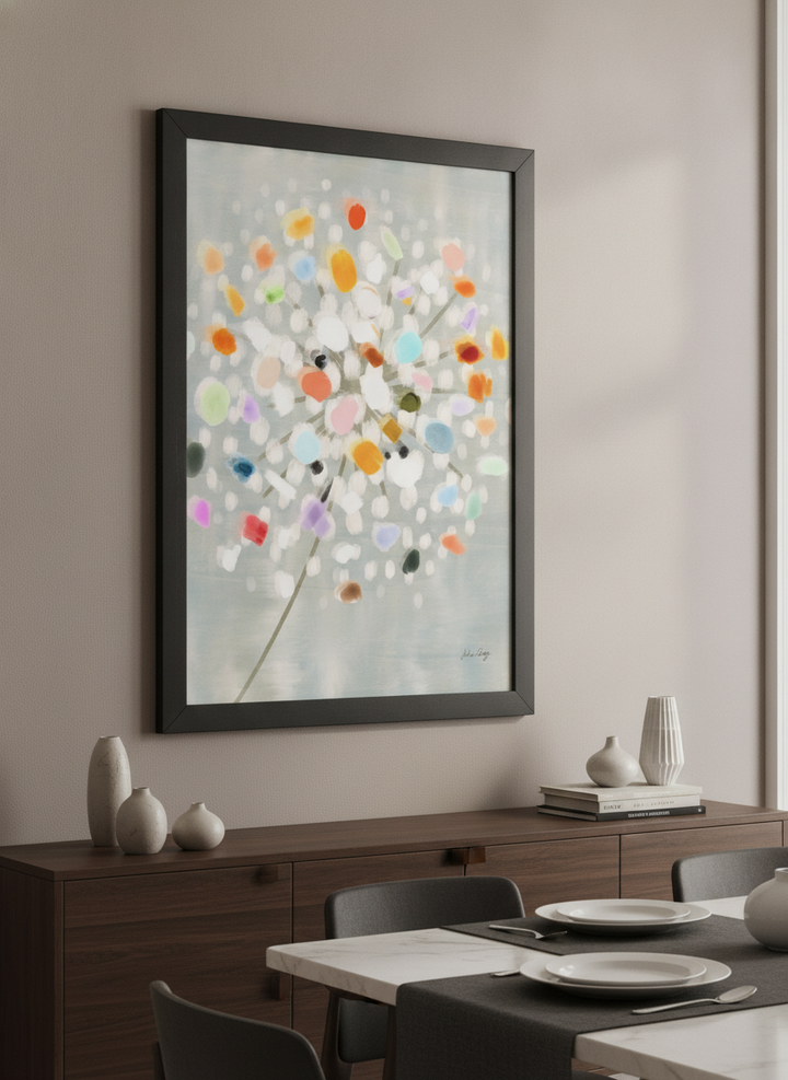 Wall art styled above a dining table in a contemporary home