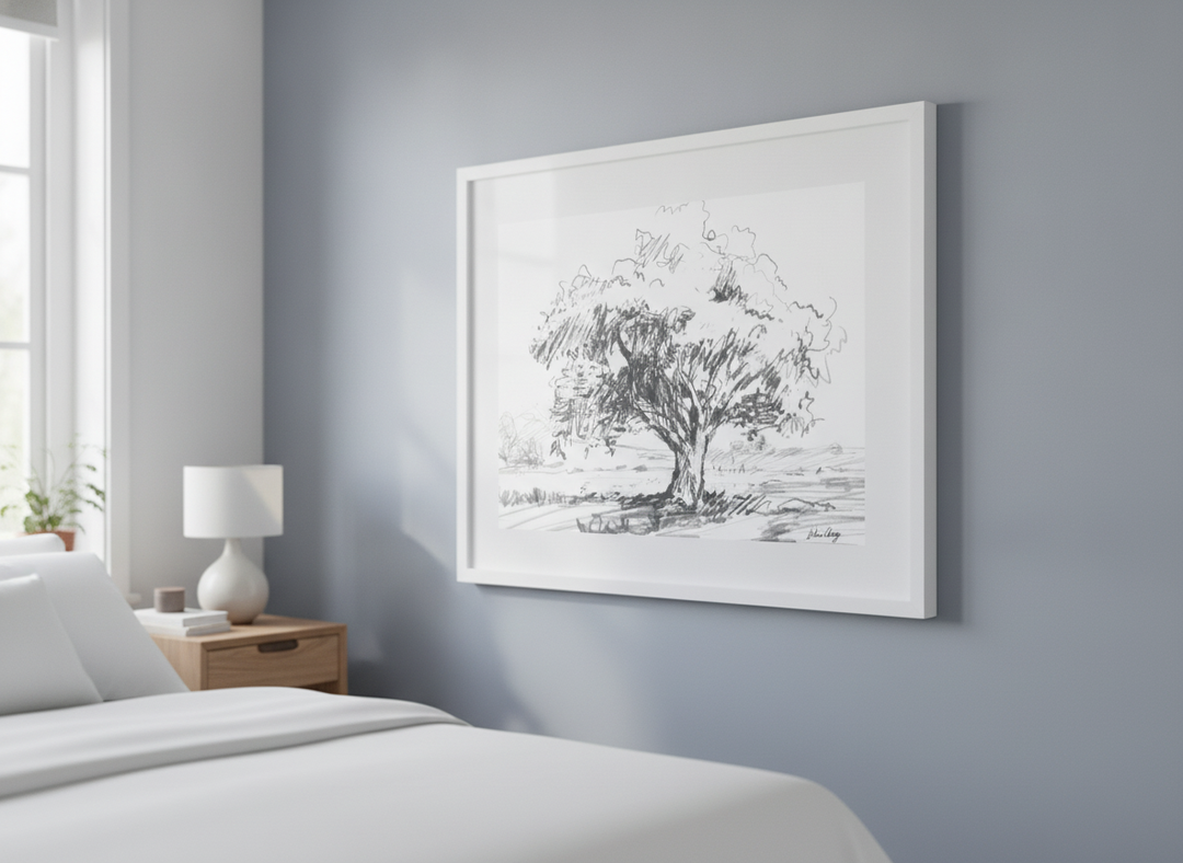 Minimalist artwork displayed in a calm, light-filled bedroom interior