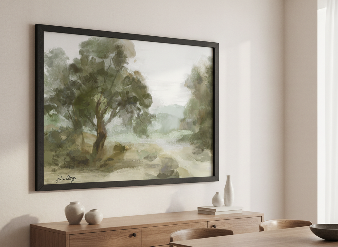 Wall art styled above a dining table in a contemporary home