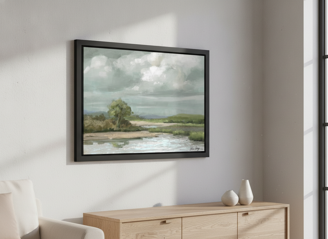 Artwork displayed above a credenza in a real-looking contemporary home