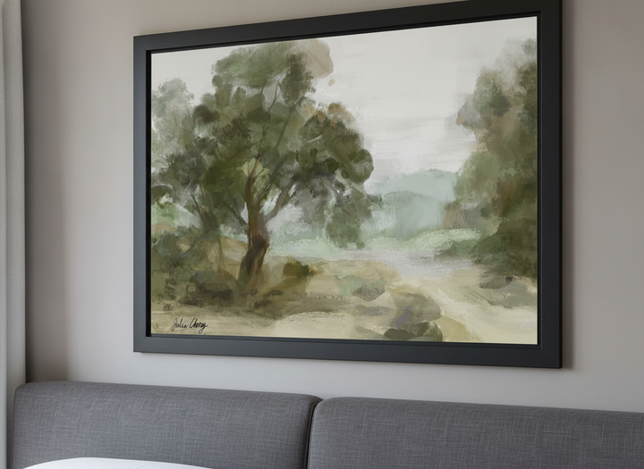 Minimalist artwork displayed in a calm, light-filled bedroom interior