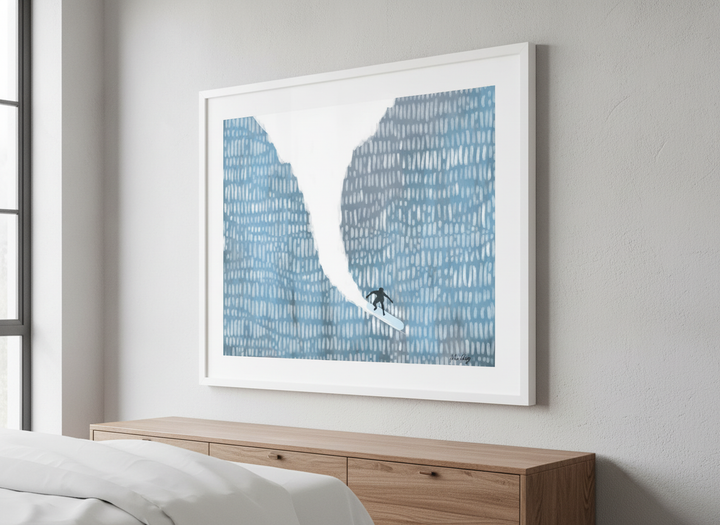Minimalist artwork displayed in a calm, light-filled bedroom interior